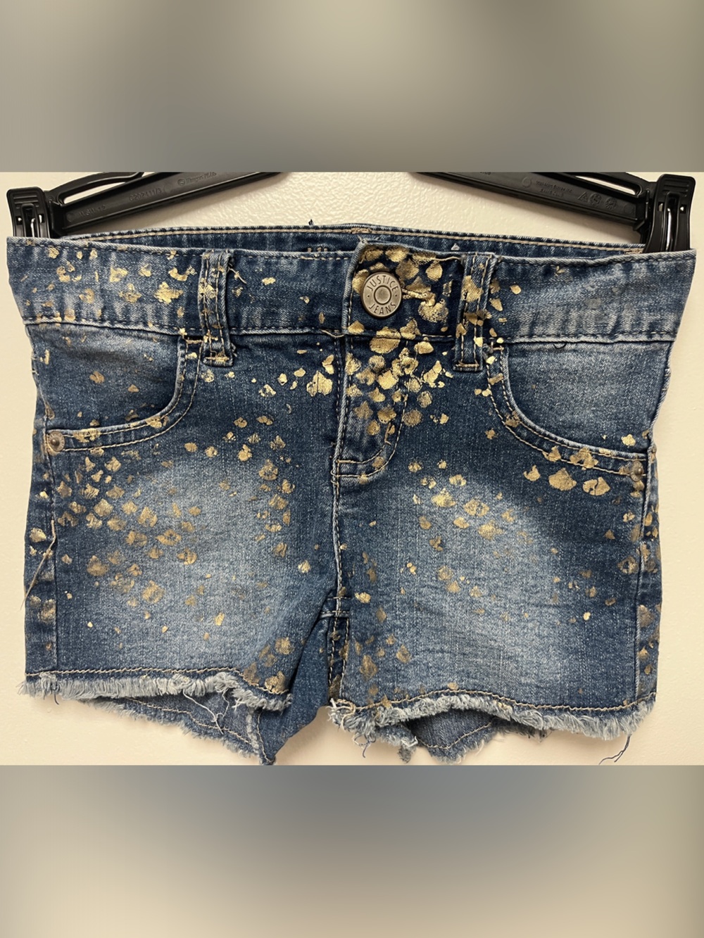 Justice Denim Shorts with Gold Paint Splatter